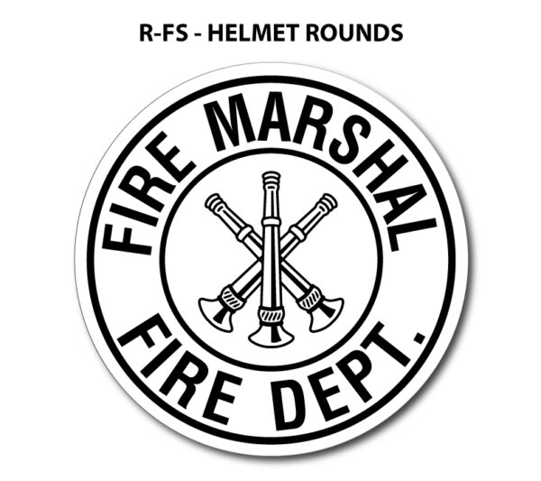 A round sticker with the words " fire marshal, fire dept." and three crossed axes.