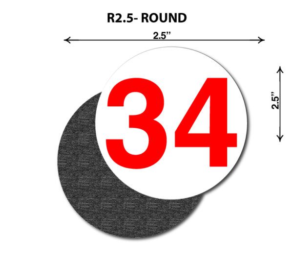 A round sticker with the number 3 4 on it.