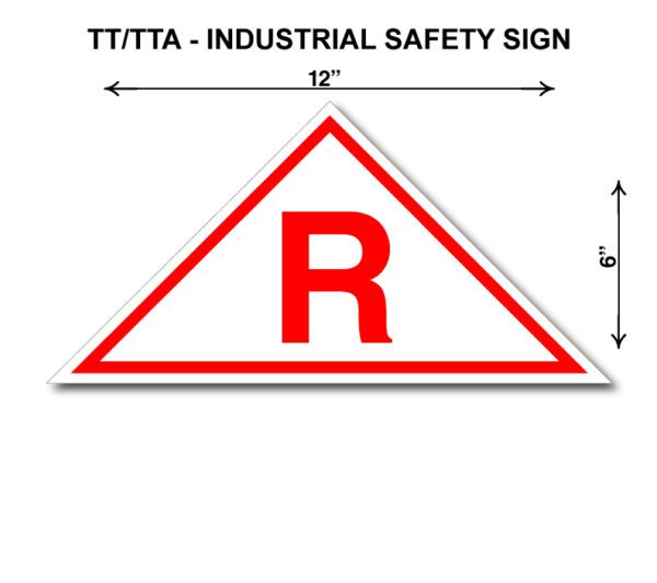 A red and white triangle sign with the letter r.