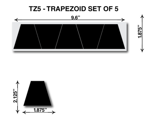 A set of five trapezoid shaped black mats.