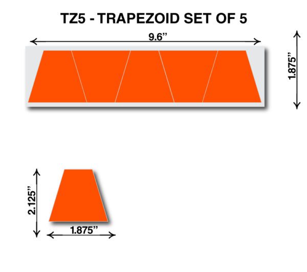 A set of five orange traffic cones with the numbers tz 5 and trapezoid.