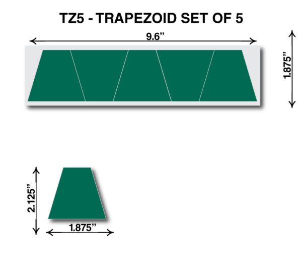 A set of five trapezoid shaped green plastic plates.