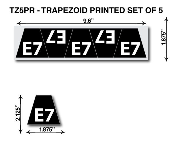 A set of five trapezoid printed stickers.