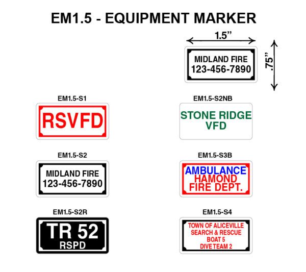 Equipment marker signs with various text.