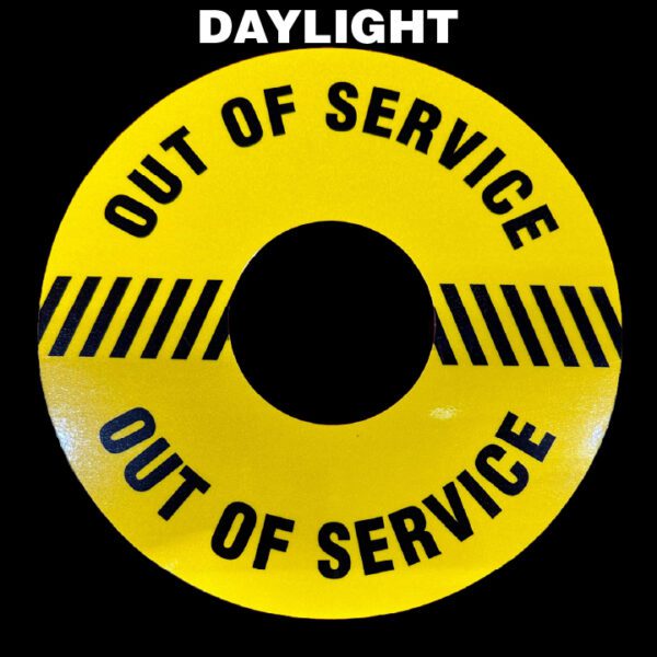 A yellow and black sign that says out of service