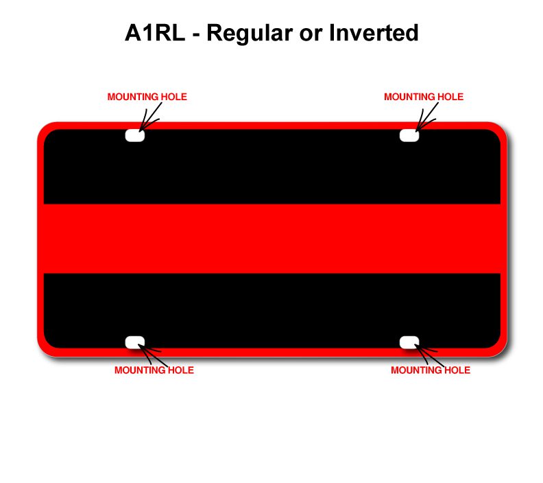 Red and black sign with mounting holes.