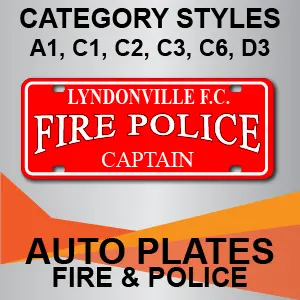 Red fire and police license plate.