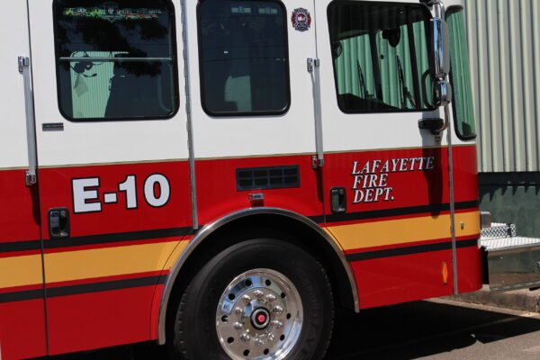 Red fire truck, Lafayette Fire Dept, E-10.