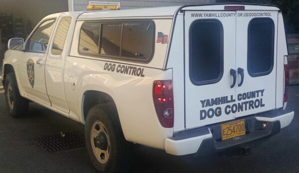 White pickup truck, Yamhill County Dog Control.