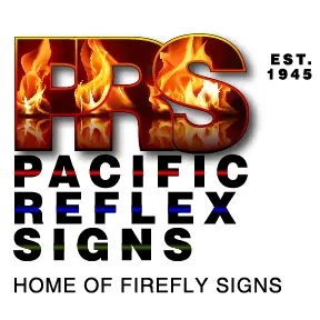 Pacific Reflex Signs logo with flames.